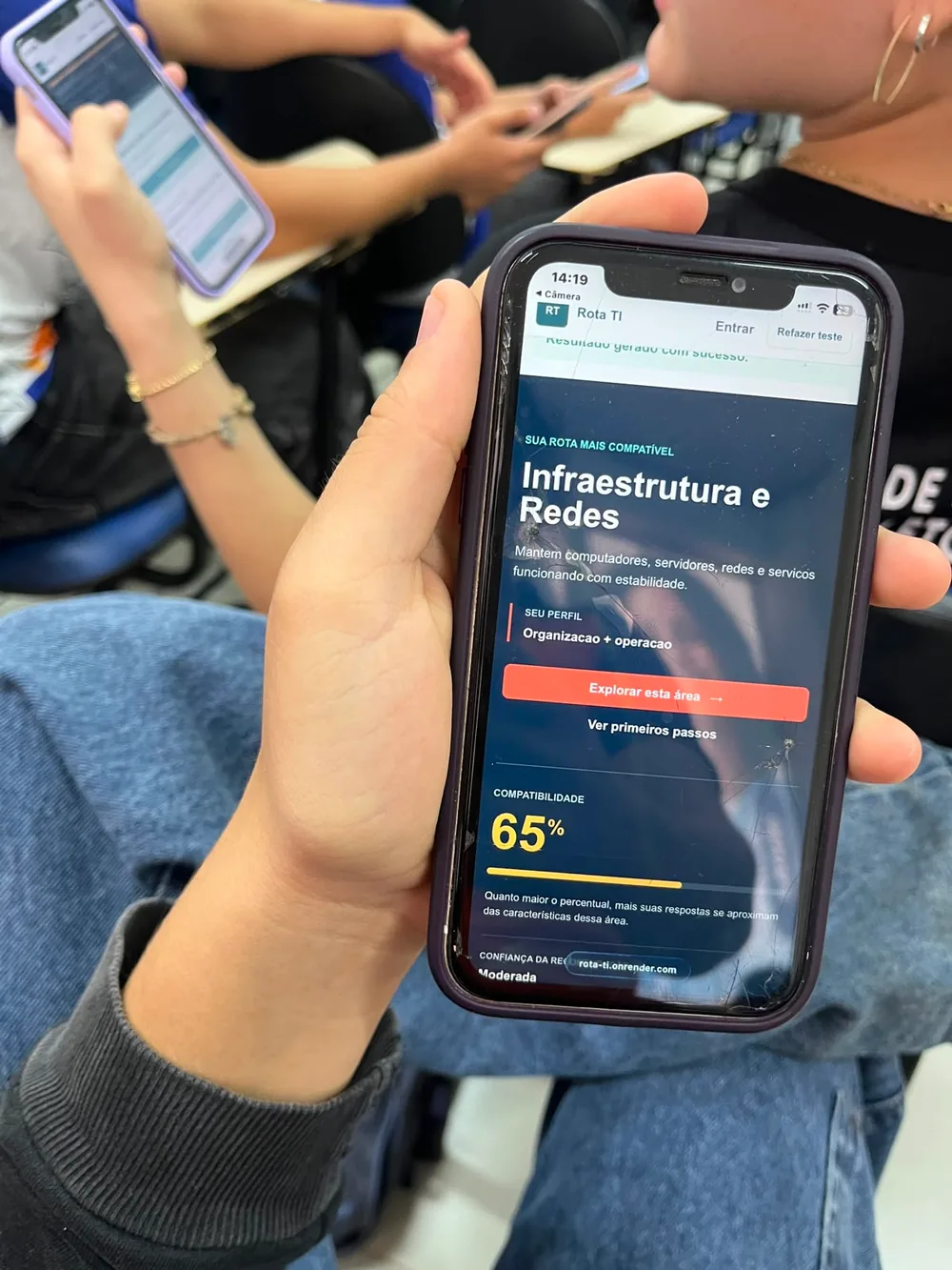 Resultado do quiz Rota TI sendo visualizado em um celular
